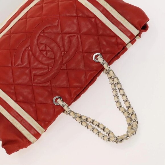 CHANEL Matelasse Chain Tote Bag Lamb Skin Red Silver CC Auth 120921 - Picture 7 of 16